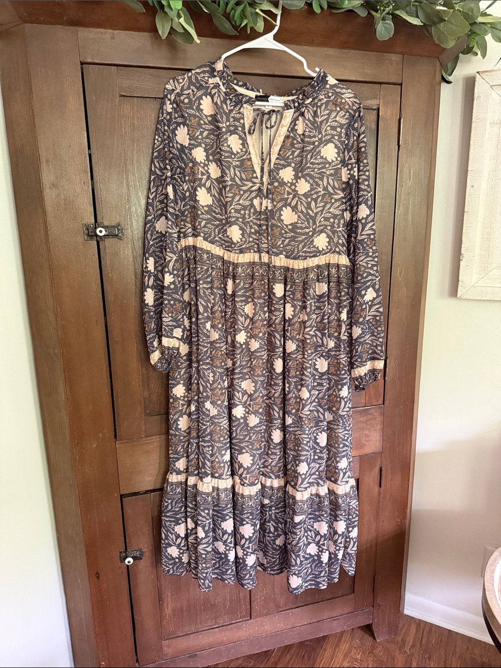 Boho Floral Tiered Midi Dress in Navy/Gray and Cream